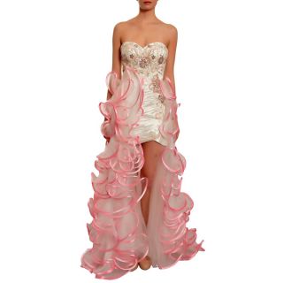 Mac Duggal Womens White/ Pink Ruched Ruffles High low Beaded Gown