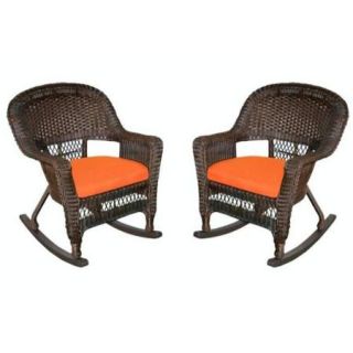 Set of 2 Espresso Brown Resin Wicker Outdoor Patio Rocker Chairs   Orange Cushions