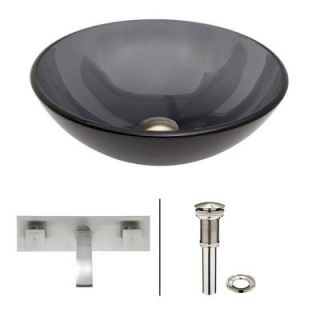 Vigo Glass Vessel Sink in Sheer Black with Wall Mount Faucet Set in Brushed Nickel VGT262