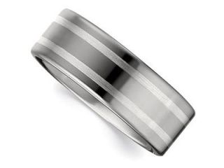 Dura Tungsten & Sterling Silver Flat Band With Silver Inlay Size 9.5
