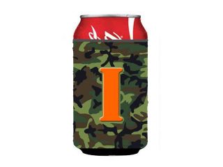 Letter I Initial Monogram   Camo Green Can or Bottle Beverage Insulator Hugger