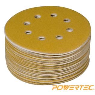 Powertec 44012 5 Inch 8 Hole 120 Grit Hook and Loop Sanding Discs, 50