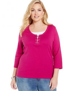 Karen Scott Plus Size Layered Lace Up Top, Only at   Tops