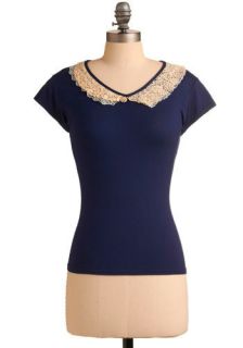 Blue in the Lace Top  Mod Retro Vintage Short Sleeve Shirts