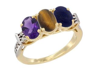 14K Yellow Gold Natural Amethyst, Tiger Eye & Lapis Ring 3 Stone 7x5 mm Oval Diamond Accent, sizes 5   10