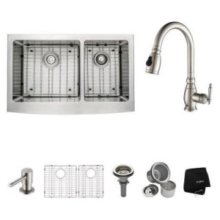 KRAUS All in One Farmhouse Apron Front Stainless Steel 33 in. Double Bowl Kitchen Sink with Faucet KHF203 33 KPF2150 SD20
