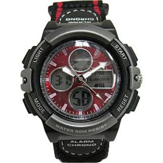 Mens Calendar Day/Date Chronograph Watch w/Black and Red Dial and