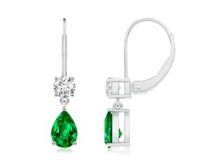0.7ct. Pear Emerald and Round Diamond Drop Earrings