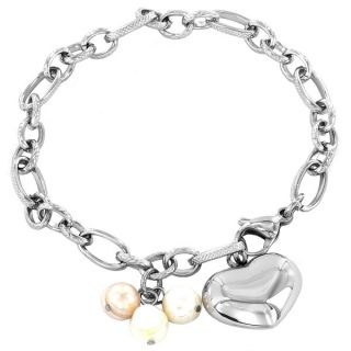 ELYA Stainless Steel Pearl and Heart Charm Textured Link Bracelet (7 8
