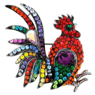 Silvertone Multi colored Crystal Rooster Brooch   Shopping