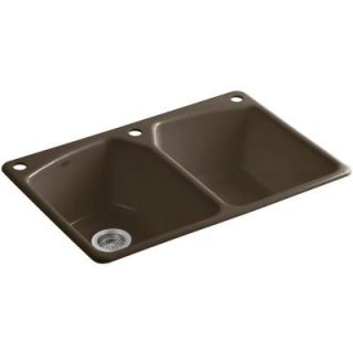 KOHLER Tanager Top Mount Cast Iron 33 in. 3 Hole Double Bowl Kitchen Sink in Suede K 6491 3 20