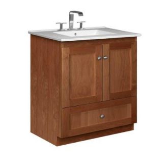 Simplicity by Strasser Shaker 31 in. W x 22 in. D x 35 in. H Vanity with No Side Drawers in Medium Alder with Ceramic Vanity Top in White 01.967.2