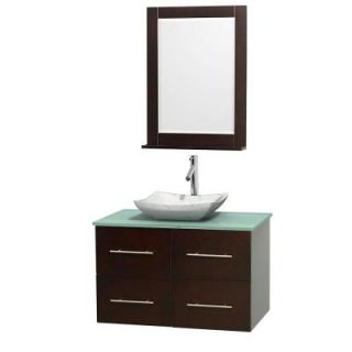 Wyndham Collection Centra 36 in. Vanity in Espresso with Glass Vanity Top in Green, Carrara White Marble Sink and 24 in. Mirror WCVW00936SESGGGS3M24