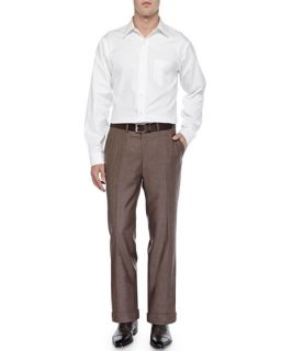 Brioni Twill Flat Front Trousers, Brown