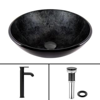 Vigo Glass Vessel Sink in Gray Onyx and Seville Faucet Set in Matte Black VGT574