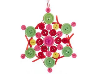 5.25" Bohemian Holiday Pink, Green and Yellow Button Design Snowflake with Red Bows Christmas Ornament