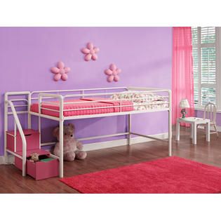DHP  Junior Loft Bed w Step & Storage White w Pink Steps