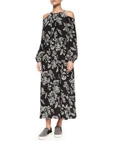 Thakoon Addition Long Floral Print Silk Cold Shoulder Dress