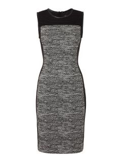 Episode Shift dress with tweed panel and PU trim Black/White
