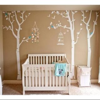 Pop Decors Removable Vinyl Art Wall Decals, Three Birch Trees and Birdcage