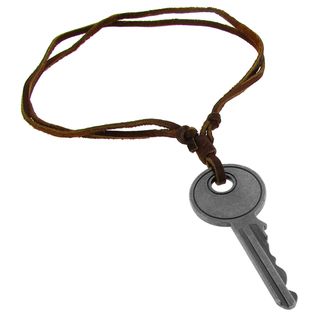 Moise Silvertone Key and Brown Leather Cord Necklace  