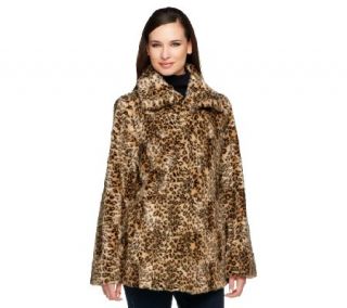 Dennis Basso Leopard Print Crushed Flat Faux Fur Coat w/ Wing Collar —