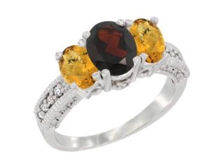 14k Yellow Gold Ladies Oval Natural Garnet 3 Stone Ring with Whisky Quartz Sides Diamond Accent
