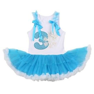 Little Girls Turquoise Number Snowflake Applique Birthday Tutu Dress 3 Years