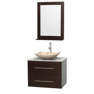 Wyndham Collection Centra 30 inch Single Bathroom Vanity in Gray Oak, Ivory Marble Countertop, Arista White Carrera Marble Sink, and 24 inch Mirror