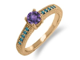 0.62 Ct Round Purple Amethyst Blue Diamond 18K Rose Gold Engagement Ring