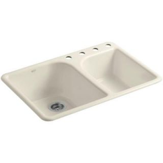 KOHLER Executive Chef Top Mount Cast Iron 33 in. 4 Hole Double Bowl Kitchen Sink in Almond K 5932 4 47