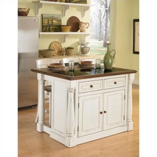Home Styles Monarch Granite Top Kitchen Island and Stools 3 Piece Set in White   5021 94 89 3PC PKG