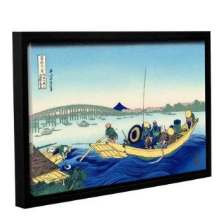 ArtWall Sunset Across the Ryogoku Bridge from the Bank of the Sumida River At Onmagayashi by Katsushika Hokusai Floater Framed Painting Print on Gallery Wrapped Canvas