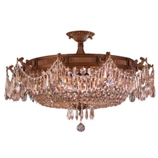 Traditional 10 light French Gold and Golden Teak Crystal Semi Flush
