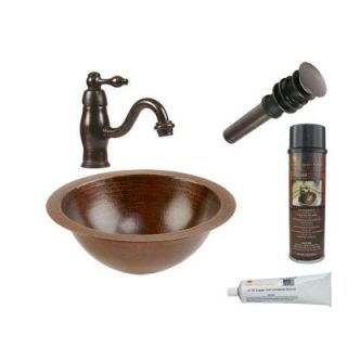 Premier Copper Products All in One Small Round Under Counter Hammered Copper Bathroom Sink in Oil Rubbed Bronze BSP3_LR12FDB
