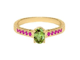 1.30 Ct Oval Green Peridot Pink Sapphire 18K Yellow Gold Plated Silver Ring