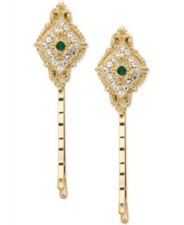 Downton Abbey Pin Set, Gold Tone Green Crystal Filigree Diamond Shape
