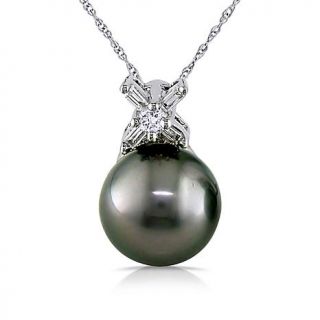 14K White Gold Tahitian Black Pearl and Diamond Pendant with Chain   7805011