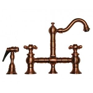 Whitehaus WHKBTCR3 9206 ACO Vintage III entertainment/prep bridge faucet with short traditional swivel spout, cross handles and solid brass side spray   Antique Copper