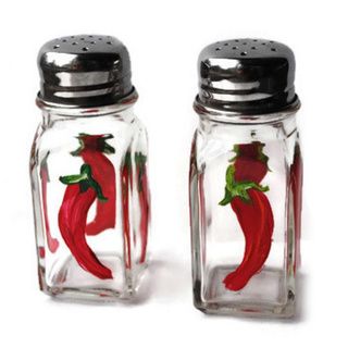 Hand Painted Red Chili Peppers Glass Salt and Pepper Shaker Set