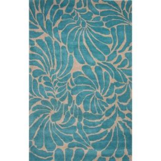 8' x 11' Aqua Crest and Sandstone Swirls Modern Floral Hand Tufted Wool Area Throw Rug