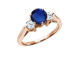 0.71 Ct Round Blue Simulated Sapphire White Topaz 14K Rose Gold 3 Stone Ring