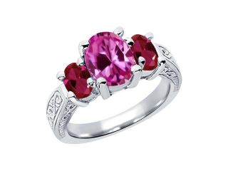 3.76 Ct Pink Created Sapphire Red Created Ruby 925 Sterling Silver 3 Stone Ring