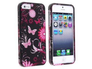 Insten Pink Butterfly Snap on Case Cover + Anti Glare LCD Cover compatible with Apple iPhone 5