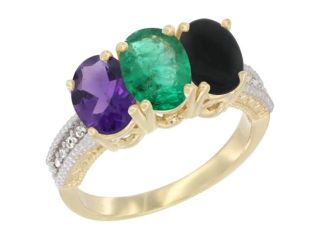 10K Yellow Gold Natural Amethyst, Emerald & Black Onyx Ring 3 Stone Oval 7x5 mm Diamond Accent, sizes 5   10
