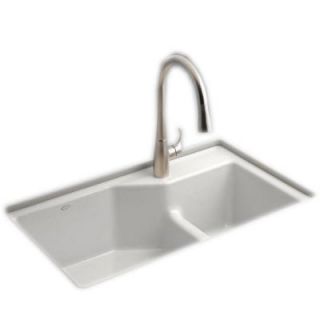 KOHLER Indio Smart Divide Undermount Cast Iron 33 in. 1 Hole Double Bowl Kitchen Sink in White K 6411 1 0