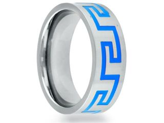 8mm Flat Titanium Band With A Blue Grooved Greek Key Pattern