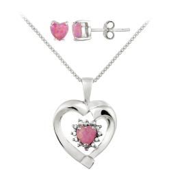 Glitzy Rocks Silver Created Pink Opal and Diamond Heart Jewelry Set