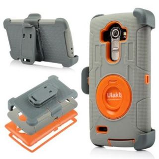 ULAK LG G4 Shockproof Hybrid Heavy Duty Full Protection Rugged Cases 3 Layer Holster Cover with kickstand Built in Rotating Stand and Belt Swivel Clip (Orange Plastic+Grey Silicone)