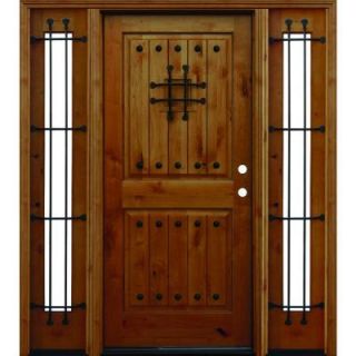 Pacific Entries 66 in. x 80 in. Mediterranean Rustic 2 Panel V Groove Stained Knotty Alder Wood Prehung Front Door with 12 in. Sidelites A42L412